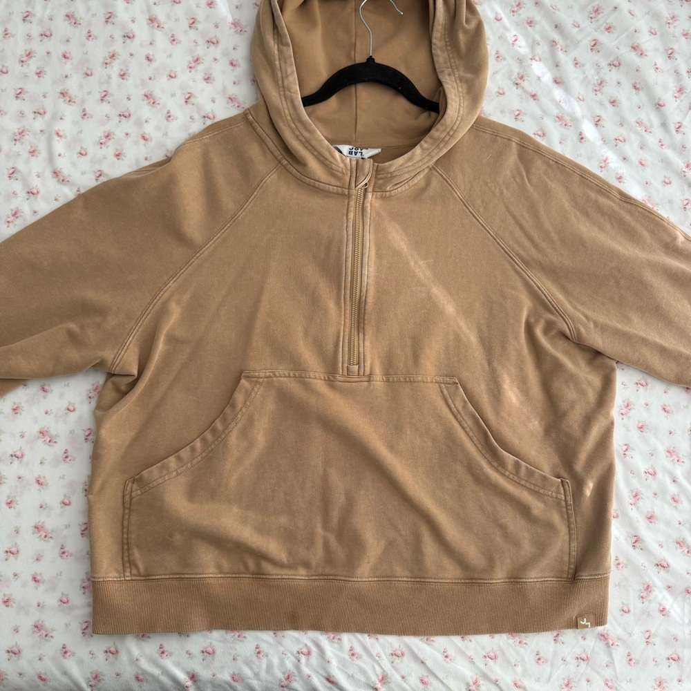 Tan Half-Zip Hoodie with thumb sleeve